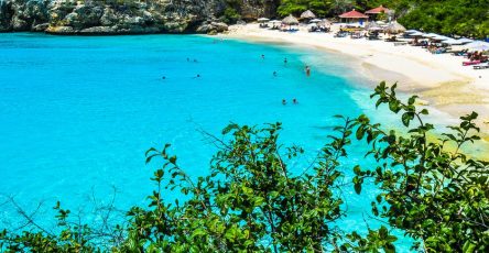 A breathtaking view of Curaçao's tropical beach with clear turquoise waters and lush greenery.