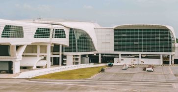 A view of the contemporary architecture at Kuala Lumpur's airport terminal.