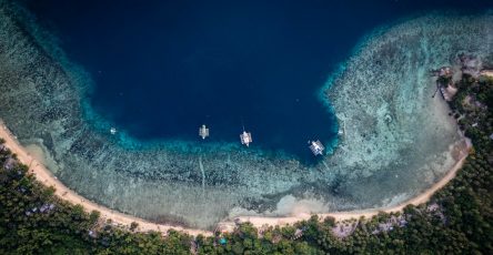 Aerial view of boats anchored in a tropical bay
